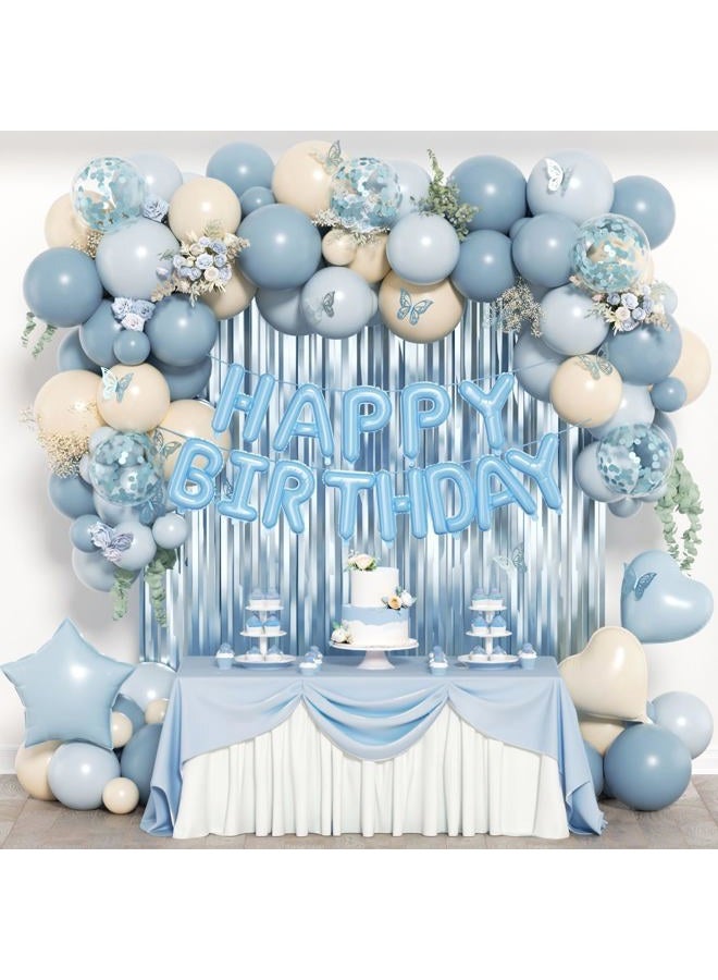 Leraqertra Blue Birthday Decorations for Women with Dusty Light Blue Confetti Sand White Foil Balloons Fringe Curtain Happy Birthday Banner for Birthday Party Decorations - Image 1