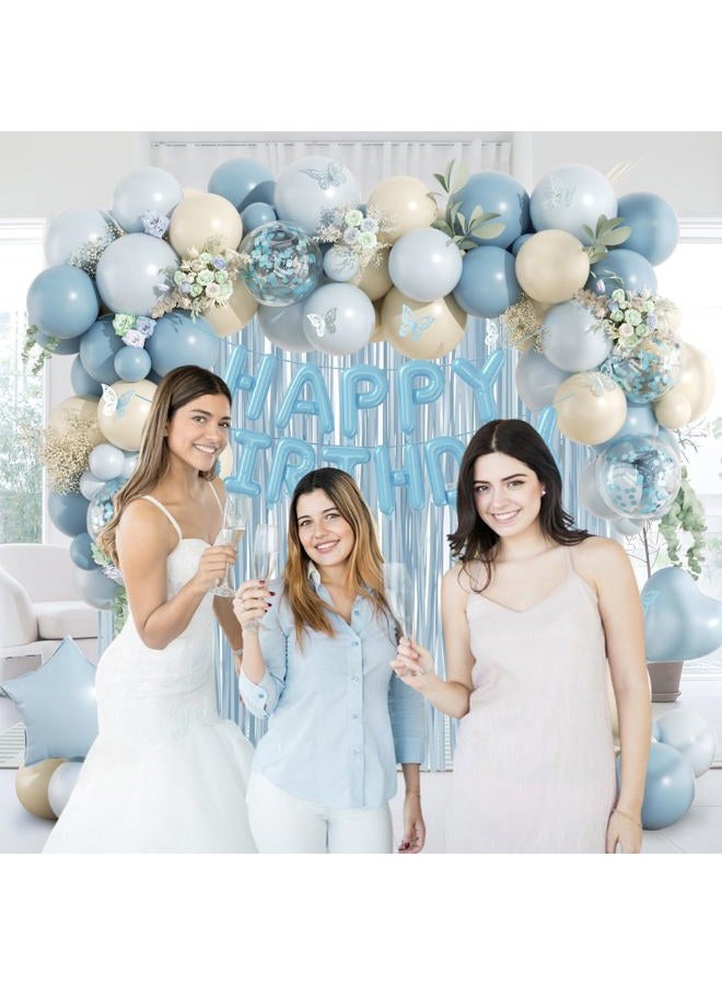 Leraqertra Blue Birthday Decorations for Women with Dusty Light Blue Confetti Sand White Foil Balloons Fringe Curtain Happy Birthday Banner for Birthday Party Decorations - Image 5