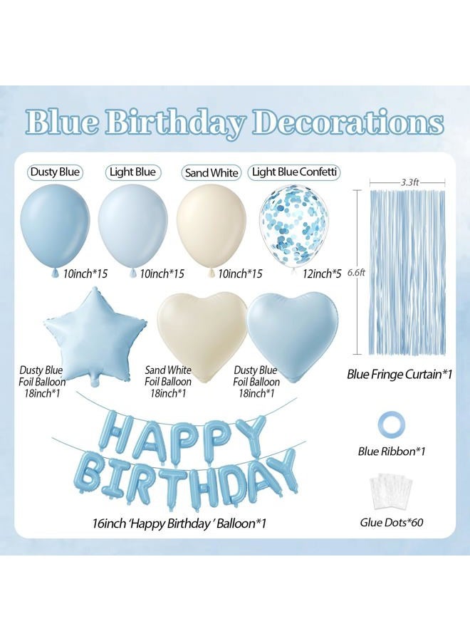 Leraqertra Blue Birthday Decorations for Women with Dusty Light Blue Confetti Sand White Foil Balloons Fringe Curtain Happy Birthday Banner for Birthday Party Decorations - Image 2