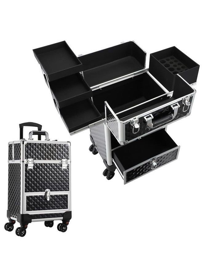 Hododou Rolling Makeup Case Cosmetic Travel Trolley Storage Sliding Drawer 4 Tray Makeup Travel Case with Wheels Salon Barber Case Traveling Cart Trunk for Cosmetologist Nail Tech Hairstylist Black  - Image 1