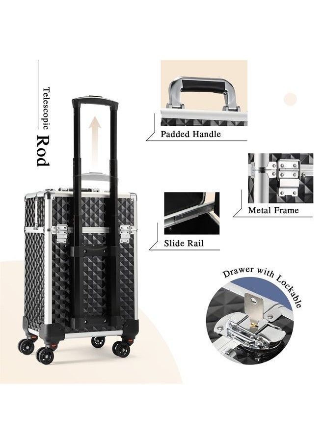 Hododou Rolling Makeup Case Cosmetic Travel Trolley Storage Sliding Drawer 4 Tray Makeup Travel Case with Wheels Salon Barber Case Traveling Cart Trunk for Cosmetologist Nail Tech Hairstylist Black  - Image 5