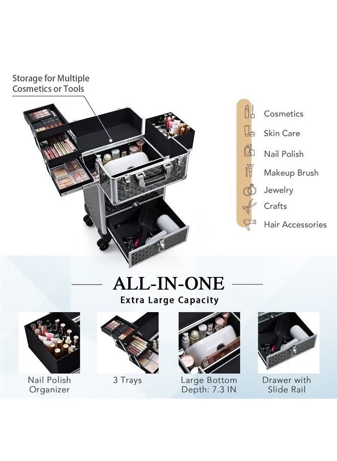 Hododou Rolling Makeup Case Cosmetic Travel Trolley Storage Sliding Drawer 4 Tray Makeup Travel Case with Wheels Salon Barber Case Traveling Cart Trunk for Cosmetologist Nail Tech Hairstylist Black  - Image 2