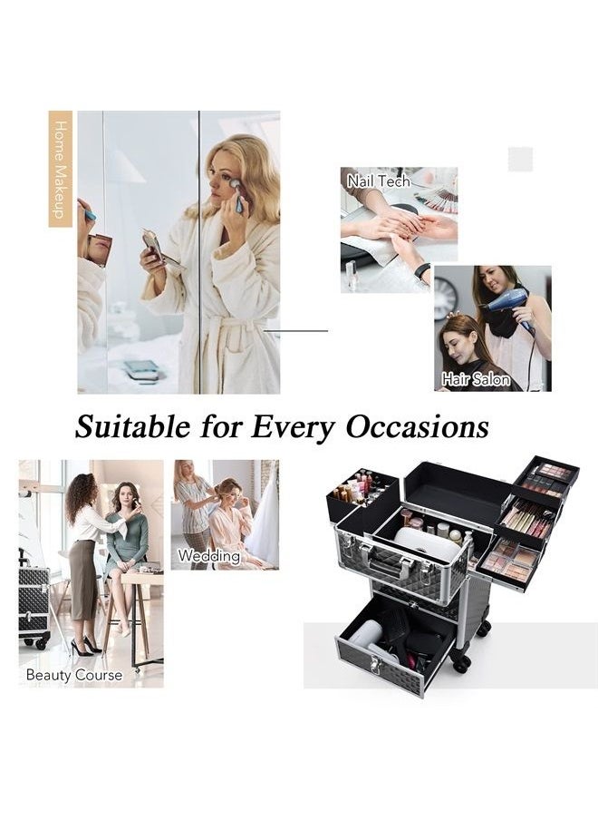 Hododou Rolling Makeup Case Cosmetic Travel Trolley Storage Sliding Drawer 4 Tray Makeup Travel Case with Wheels Salon Barber Case Traveling Cart Trunk for Cosmetologist Nail Tech Hairstylist Black  - Image 3