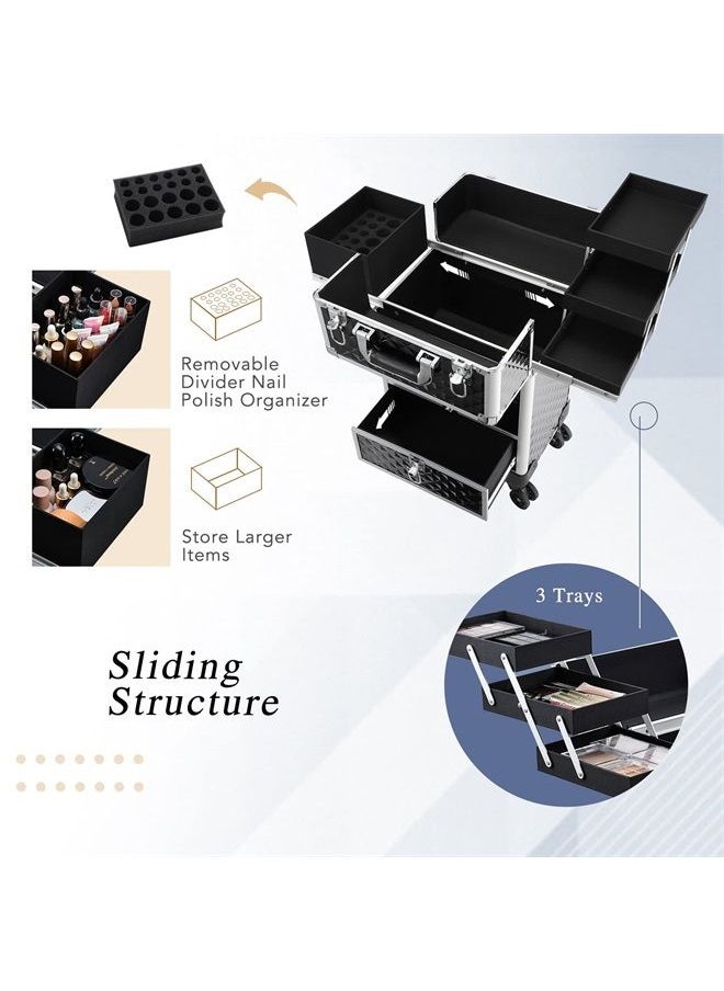 Hododou Rolling Makeup Case Cosmetic Travel Trolley Storage Sliding Drawer 4 Tray Makeup Travel Case with Wheels Salon Barber Case Traveling Cart Trunk for Cosmetologist Nail Tech Hairstylist Black  - Image 4