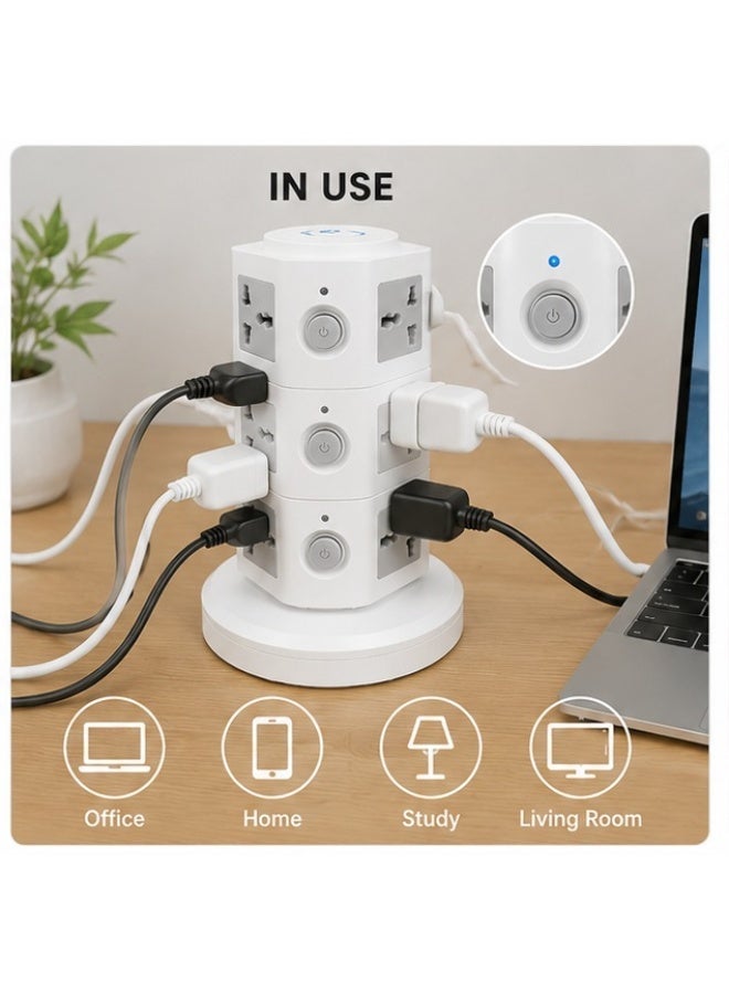 4-Layer Tower Extension Socket with USB Port - Vertical Multi Plug Power Strip, Surge Protector Overload Safety, 3M Long Cable, Space Saving Electrical Outlet Tower - Image 3