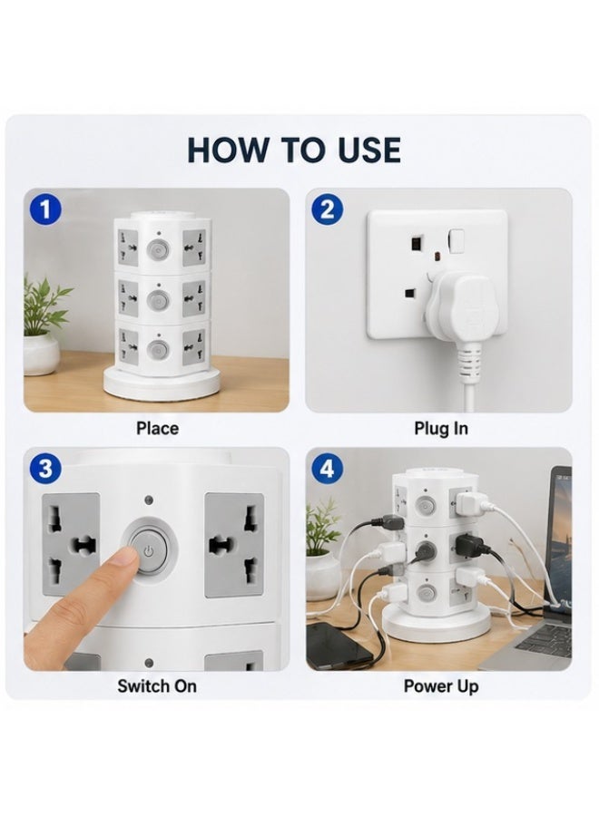4-Layer Tower Extension Socket with USB Port - Vertical Multi Plug Power Strip, Surge Protector Overload Safety, 3M Long Cable, Space Saving Electrical Outlet Tower - Image 4