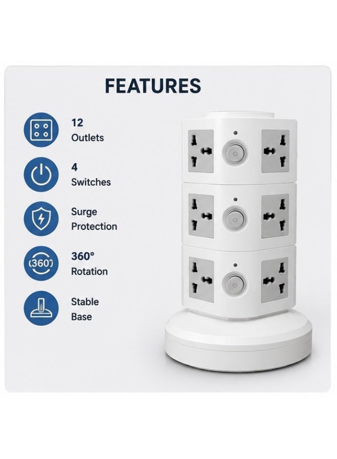 4-Layer Tower Extension Socket with USB Port - Vertical Multi Plug Power Strip, Surge Protector Overload Safety, 3M Long Cable, Space Saving Electrical Outlet Tower - Image 5