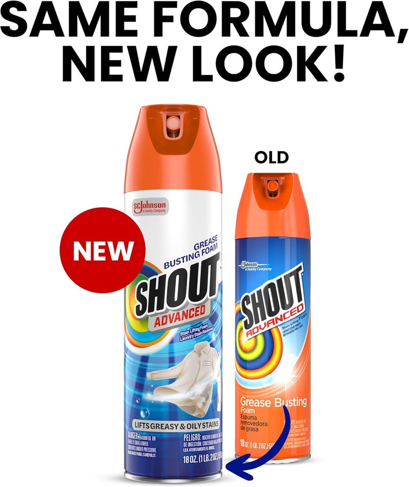 Shout Advanced Grease Busting Foam, Laundry Stain Remover for Oil and Grease Stains; Works on motor oil, bike grease, cooking oil, and more! 18oz Can Local & cross border ship compatible - Image 1