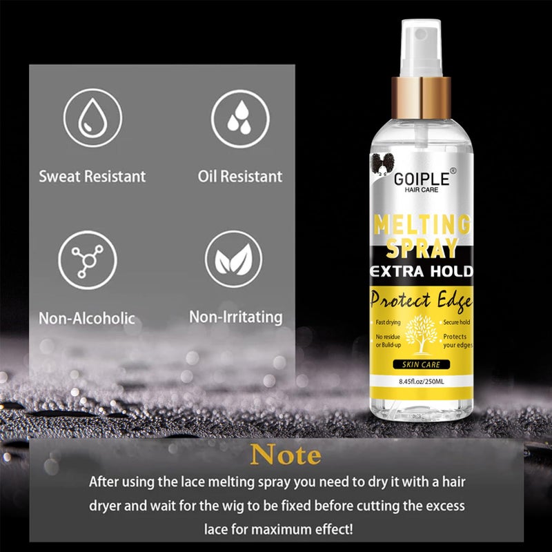 Goiple 8.45 أونصة سائلة رذاذ لاصق ذوبان الدانتيل وثباته - لاصق شعر بدون غراء للباروكات، رذاذ لاصق لربط الدانتيل للباروكات، رذاذ للباروكات للإغلاق، ثبات قوي وطبيعي مع تحكم - Image 3