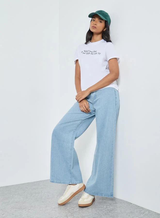 تايك تو Take Two Mid Rise Wide Leg Faded Jeans