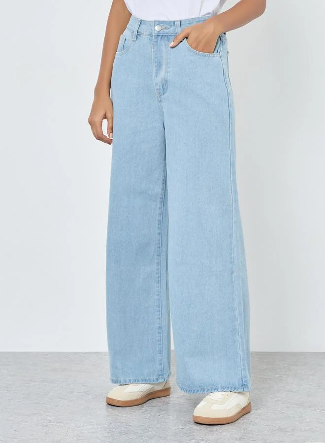 تايك تو Take Two Mid Rise Wide Leg Faded Jeans
