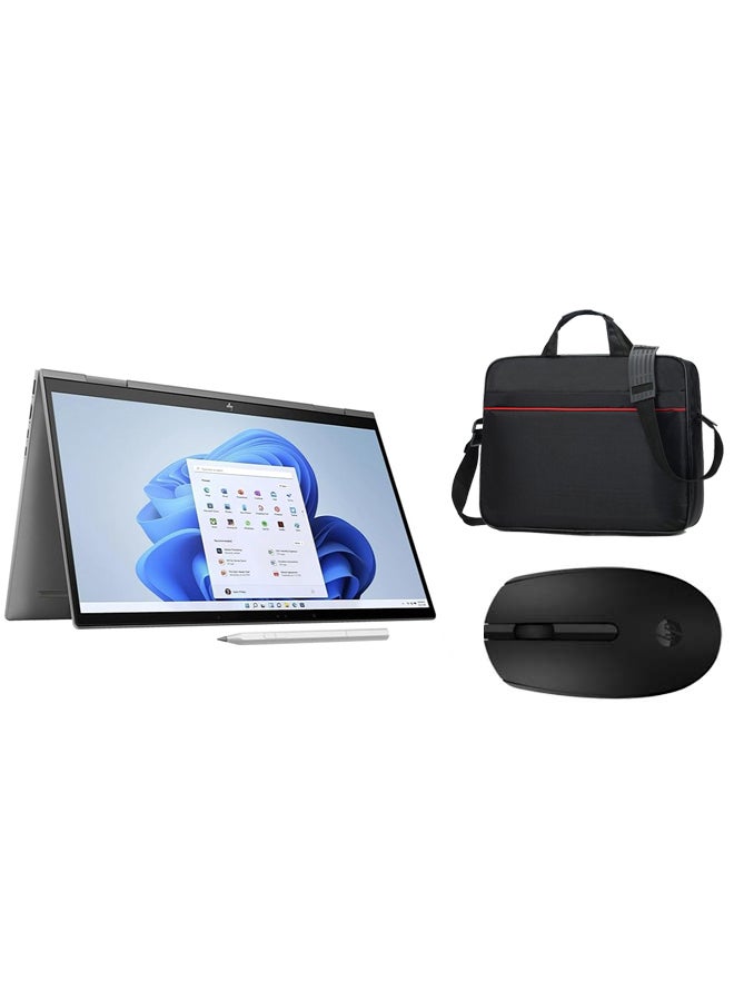 HP (Upgraded Version) 2023 Newest Slim Envy Convertible-2-In-1 Laptop With 15.6-Inch Display,Core i7-13550U Processor/32GB RAM/1TB SSD/Intel Iris XE Graphics/Windows 11 With HP Styles Pen /  (Mouse + Bag) English/Arabic Grey (Mouse + Bag) - Image 1