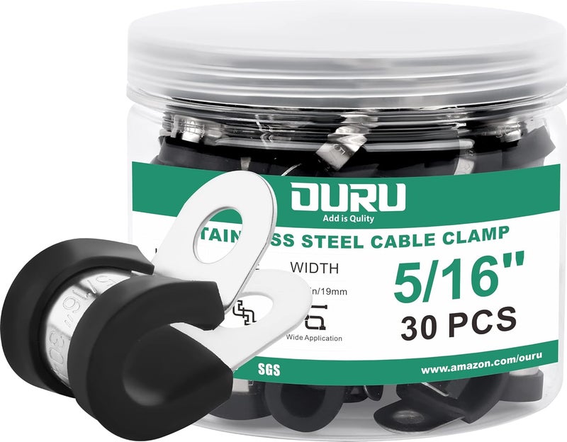 ORU 30pcs 5/16 Inch Stainless Steel Cable Clamps,Rubber Coated Cushioned Insulated Cable Clamp,Automotive Cable Wire Clamps,Pipe Clamps,Metal Clamp for Tube,Lines,Wire Cord Installation(Black,8mm) - Image 1