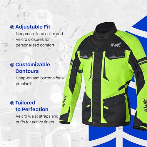 HWK Adventure Touring Motorcycle Jacket for Men, Water Resistant Cordura Textile Biker Jacket for Men, Durable and Stylish Moto Gear with CE Armor for Enduro Motorbike Riding - Hi-Vis Green, Small - Image 3