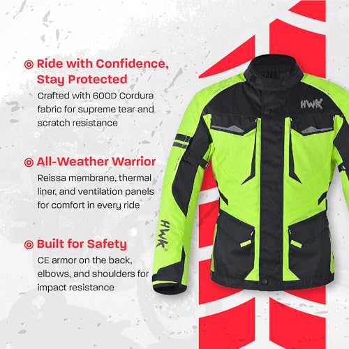 HWK Adventure Touring Motorcycle Jacket for Men, Water Resistant Cordura Textile Biker Jacket for Men, Durable and Stylish Moto Gear with CE Armor for Enduro Motorbike Riding - Hi-Vis Green, Small - Image 2