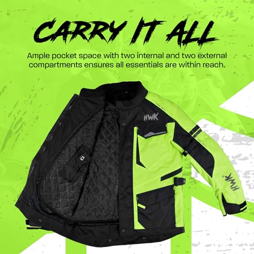 HWK Adventure Touring Motorcycle Jacket for Men, Water Resistant Cordura Textile Biker Jacket for Men, Durable and Stylish Moto Gear with CE Armor for Enduro Motorbike Riding - Hi-Vis Green, Small - Image 5
