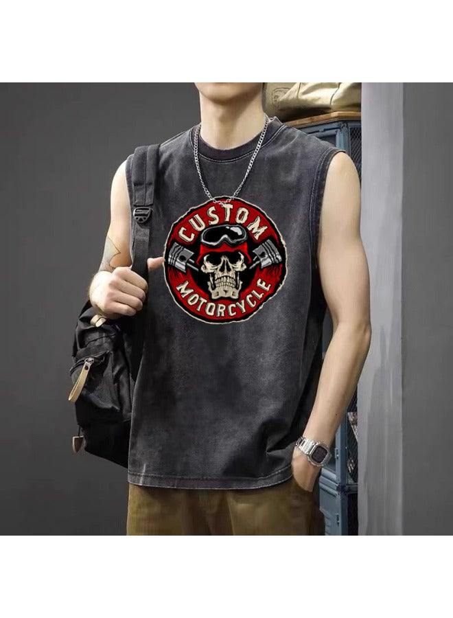 American Retro Vintage Washed Sleeveless T-shirt For Men, Summer Loose Oversized Tank Top, Breathable And Sweat-wicking Printed T-shirt