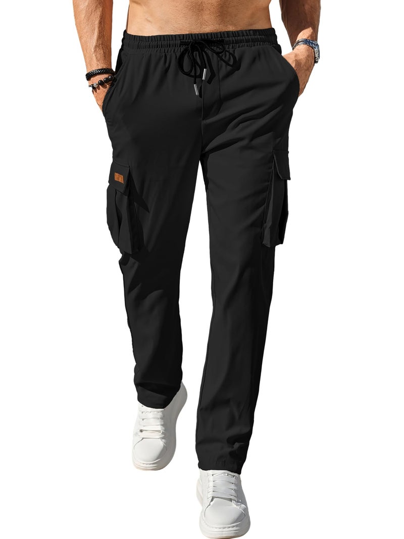 Comdecevis Men's Casual Cargo Pants Big and Tall Workout Joggers Stretch Baggy Sweatpants Hiking Drawstring Tactical Pants with Multi Pockets Black - Image 2