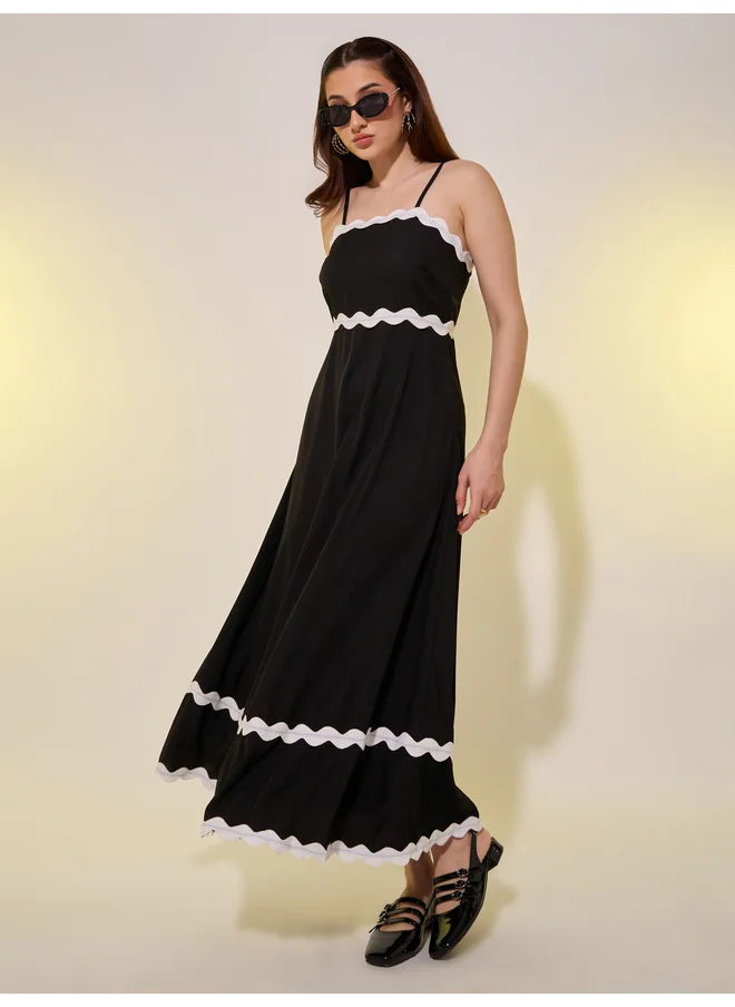 تايك تو Take Two Solid Contrast Lace Trim Strappy A-Line Midi Dress