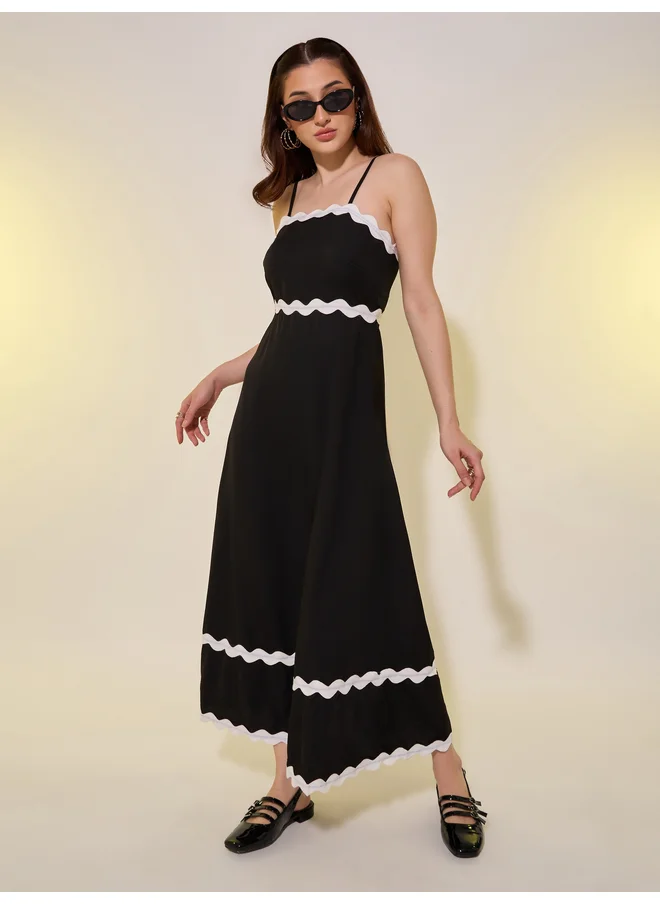 تايك تو Take Two Solid Contrast Lace Trim Strappy A-Line Midi Dress