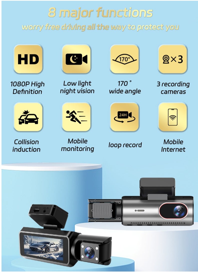 Front and Rear Car Camera | Triple 1080P Dash Cam | 3-Channel Recording System | with 64GB Memory Card | G-Sensor | 3.16-inch IPS Screen | 170° Wide-Angle Lens | Loop Recording | Infrared Night Vision