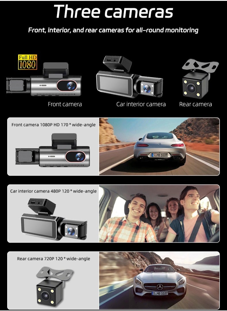 Front and Rear Car Camera | Triple 1080P Dash Cam | 3-Channel Recording System | with 64GB Memory Card | G-Sensor | 3.16-inch IPS Screen | 170° Wide-Angle Lens | Loop Recording | Infrared Night Vision