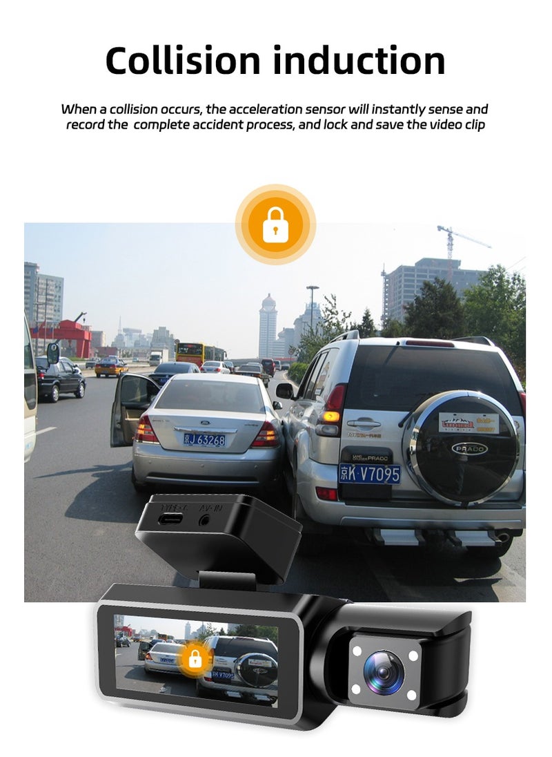 Front and Rear Car Camera | Triple 1080P Dash Cam | 3-Channel Recording System | with 64GB Memory Card | G-Sensor | 3.16-inch IPS Screen | 170° Wide-Angle Lens | Loop Recording | Infrared Night Vision