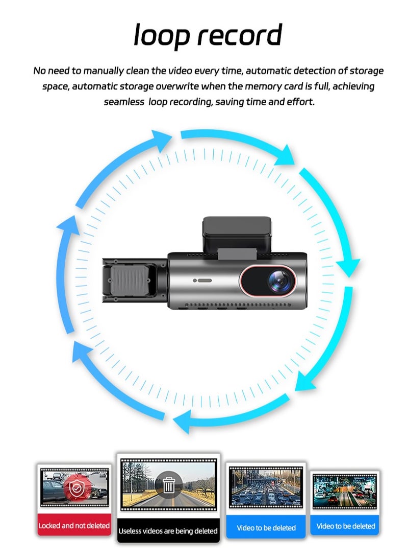 Front and Rear Car Camera | Triple 1080P Dash Cam | 3-Channel Recording System | with 64GB Memory Card | G-Sensor | 3.16-inch IPS Screen | 170° Wide-Angle Lens | Loop Recording | Infrared Night Vision
