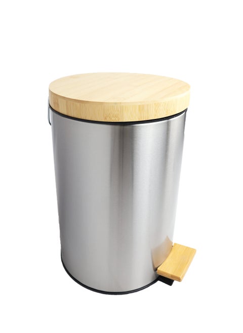 Premium Step Trash Bin | Matte Stainless-Steel Finish & Bamboo-Lid | Soft-Closing | Fingerprint-Resistant | Suitable For Homes & Communal Spaces | 20 Liters | Silver