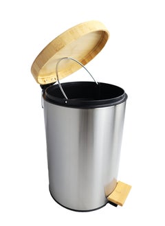 Generic Premium Step Trash Bin | Matte Stainless-Steel Finish & Bamboo-Lid | Soft-Closing | Fingerprint-Resistant | Suitable For Homes & Communal Spaces | 20 Liters | Silver  - Image 2