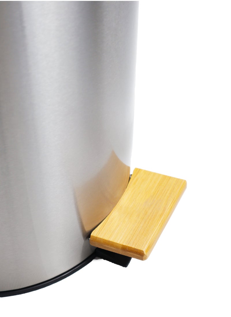 Generic - Premium Step Trash Bin | Matte Stainless-Steel Finish & Bamboo-Lid | Soft-Closing | Fingerprint-Resistant | Suitable For Homes & Communal Spaces | 20 Liters | Silver - Image 1