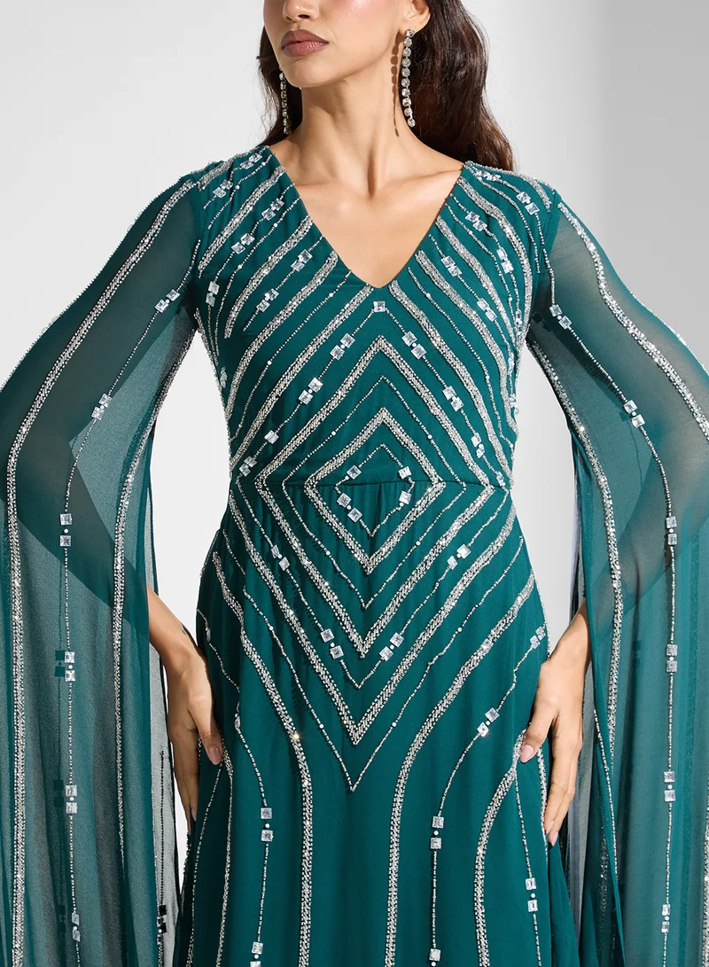 Amelia Rose Embellished Cape Sleeves Maxi Dress