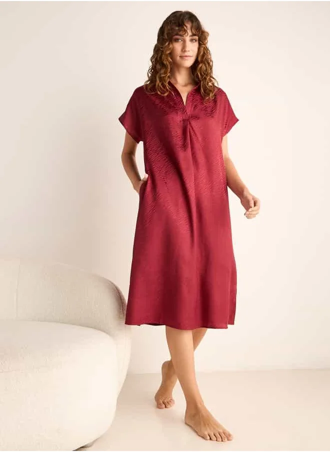 فاف Jacquard Textured Satin Sleepshirt with Pocket and Slit Detail