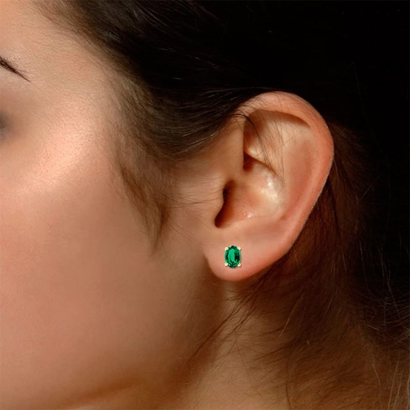 AFFY Birthstone Solitaire Stud Earrings for Women, 8x6mm Oval Cut Simulated Emerald Gemstone Studs in 14K Yellow Gold Plated 925 Sterling Silver Push Back Earrings, Jewelry Gift for Her - Image 5