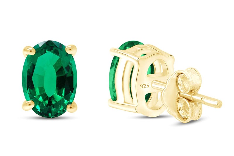 AFFY Birthstone Solitaire Stud Earrings for Women, 8x6mm Oval Cut Simulated Emerald Gemstone Studs in 14K Yellow Gold Plated 925 Sterling Silver Push Back Earrings, Jewelry Gift for Her - Image 4