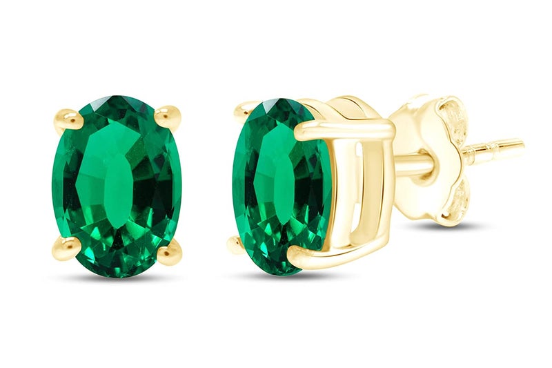AFFY Birthstone Solitaire Stud Earrings for Women, 8x6mm Oval Cut Simulated Emerald Gemstone Studs in 14K Yellow Gold Plated 925 Sterling Silver Push Back Earrings, Jewelry Gift for Her - Image 1