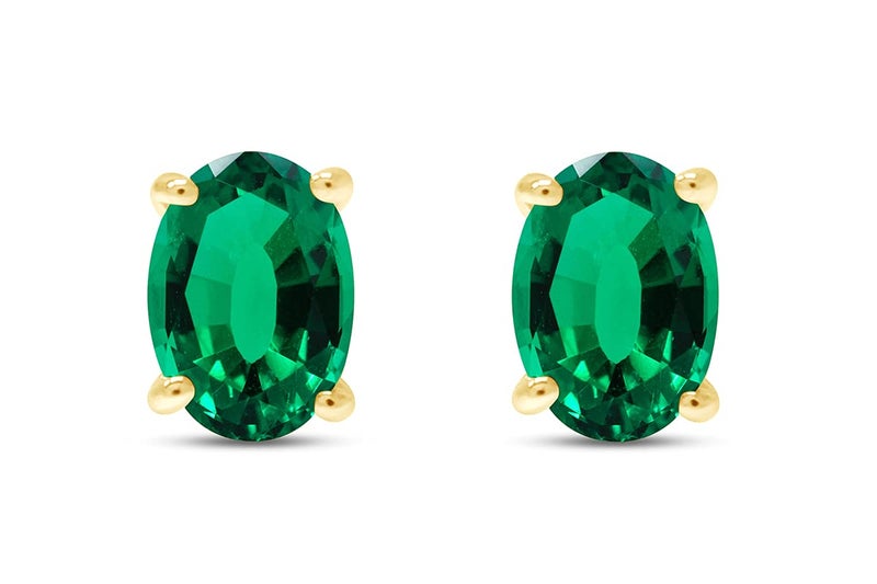 AFFY Birthstone Solitaire Stud Earrings for Women, 8x6mm Oval Cut Simulated Emerald Gemstone Studs in 14K Yellow Gold Plated 925 Sterling Silver Push Back Earrings, Jewelry Gift for Her - Image 3