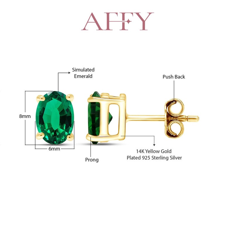 AFFY Birthstone Solitaire Stud Earrings for Women, 8x6mm Oval Cut Simulated Emerald Gemstone Studs in 14K Yellow Gold Plated 925 Sterling Silver Push Back Earrings, Jewelry Gift for Her - Image 2