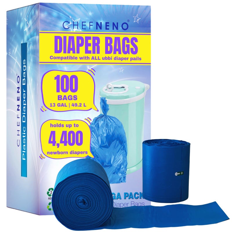 CHEFNENO Disposable Diaper Pail Refill Plastic Bag (100 count) Compatible with Ubbi Diaper Bag Pail 13 Gal Capacity Diaper Pail Bag Fits 8 Gallon Medium Kitchen Trash Bag Heavy Duty Large Garbage Bag, 100 Bags - Image 1
