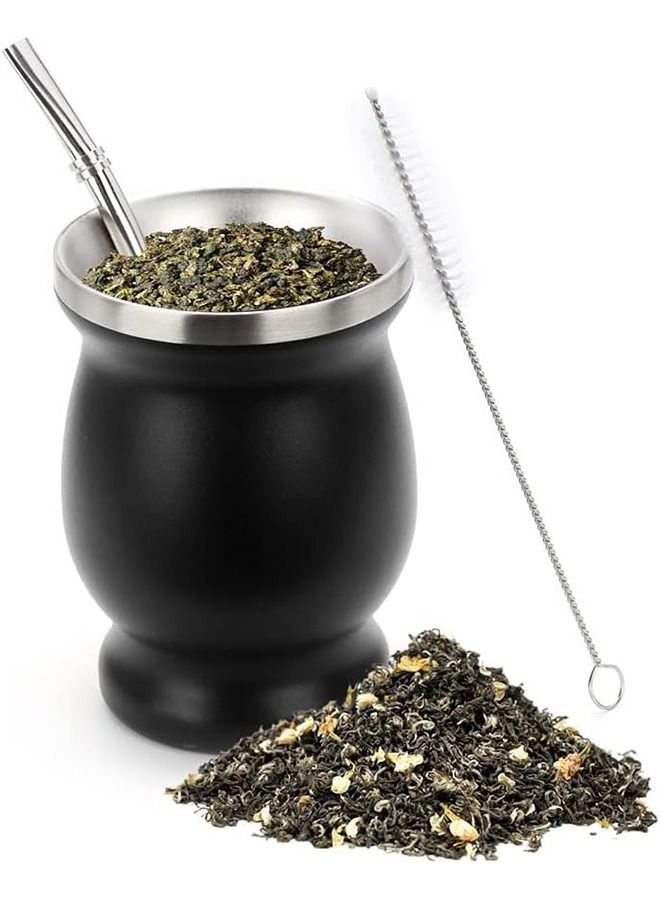HOMESTAR Yerba Mate Tea Cup Set, Gourds for with Straws, Stainless Steel Double Wall Insulation Gourd Straw 8 Ounces (Black) - Image 1