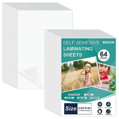 Utron 64 Sheets Self Seal Laminating Pouches 4x6, Self Adhesive Laminating Sheets, Clear Laminate Sheets for Stickers, Clear Adhesive Sheets - Image 1