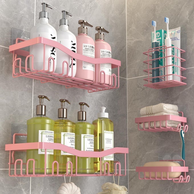 ADHESIVE SHOWER CADDY NO DRILLING BATH ORGANIZERS 5 PACK RUSTPROOF SHELVES WITH SOAP HOLDER TOOTHBRUSH HOLDER PINK BATHROOM ACCESSORIES DECOR SET