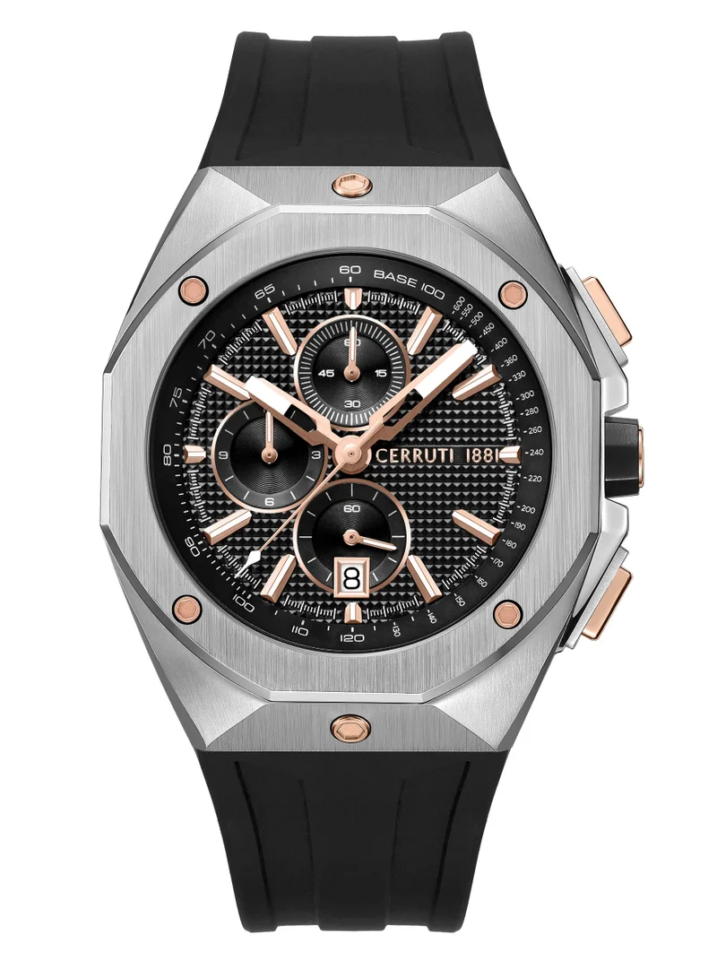 Arezzo Chronograph Watch for Men - Guilloche Matte Black Dial, Black Silicon Strap