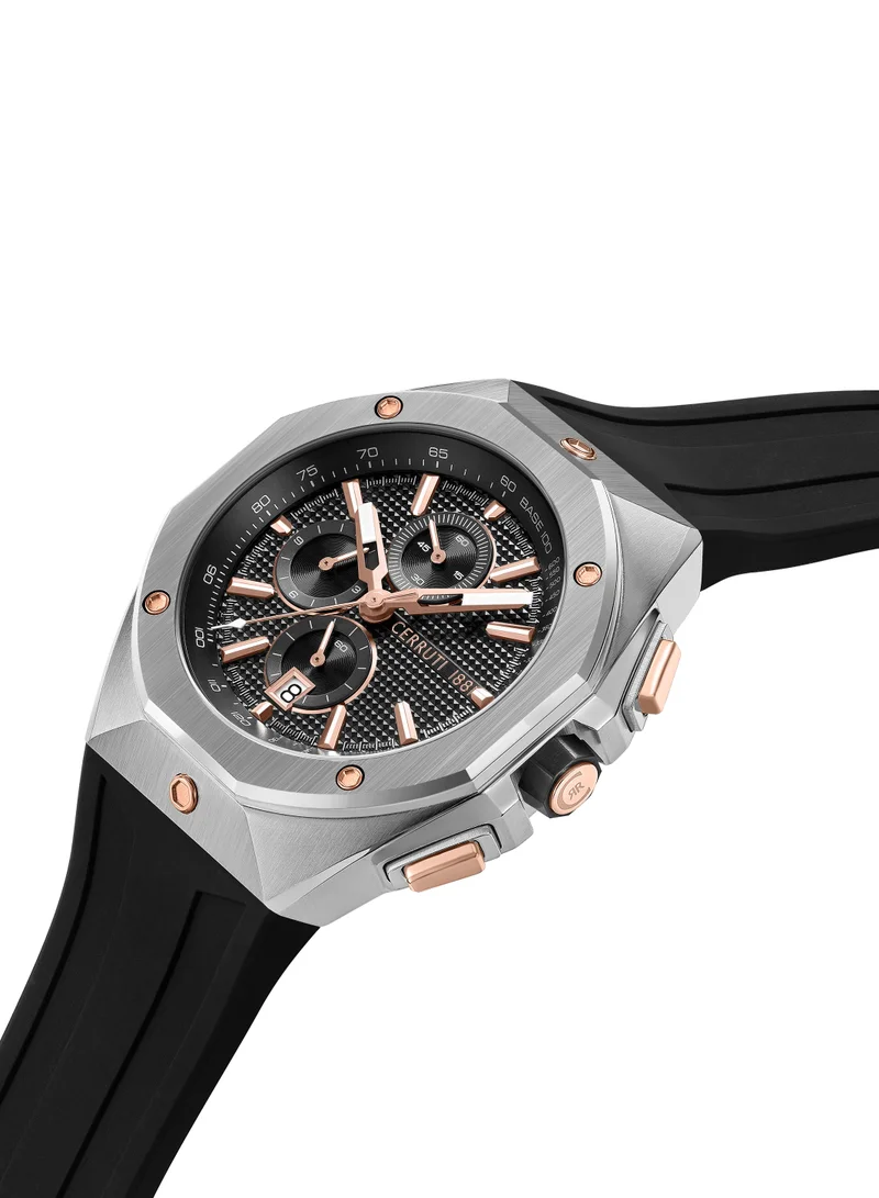 شيروتي 1881 ساعة أريزو كرونوغراف للرجال بقرص أسود غير لامع مزخرف وحزام سيليكون أسود