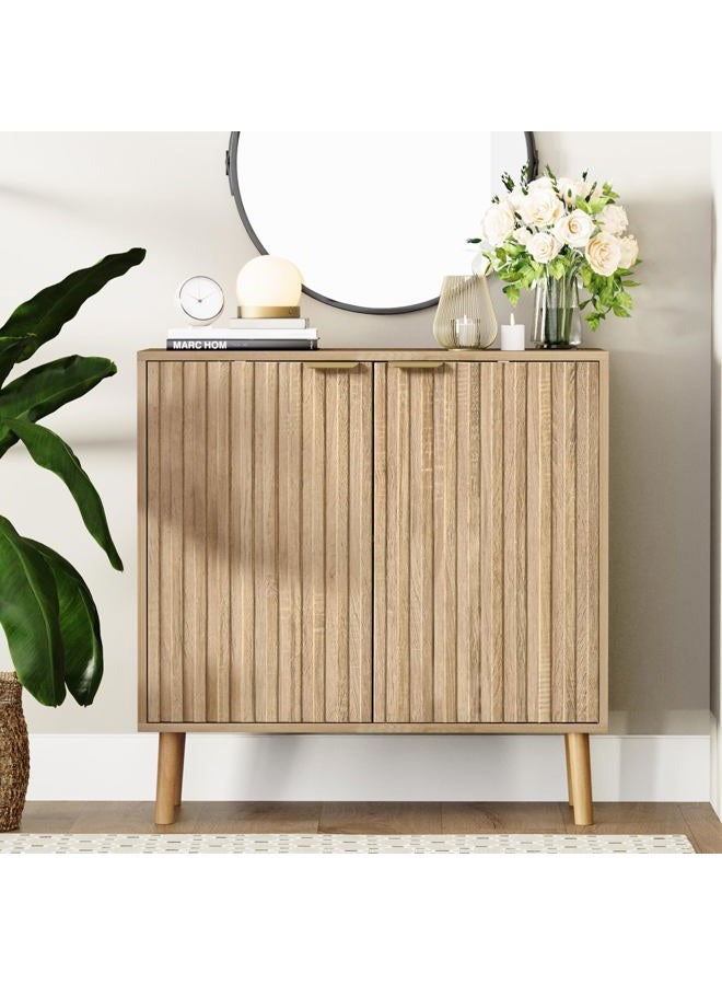 Vrullu Fluted Storage Cabinet, Free Standing Buffet Cabinet, Wood Sideboard and Buffet Storage, Multifunctional Accent Cabinet for Living Room, Hallway, Entryway, Dining Room (1, Oak) - Image 1