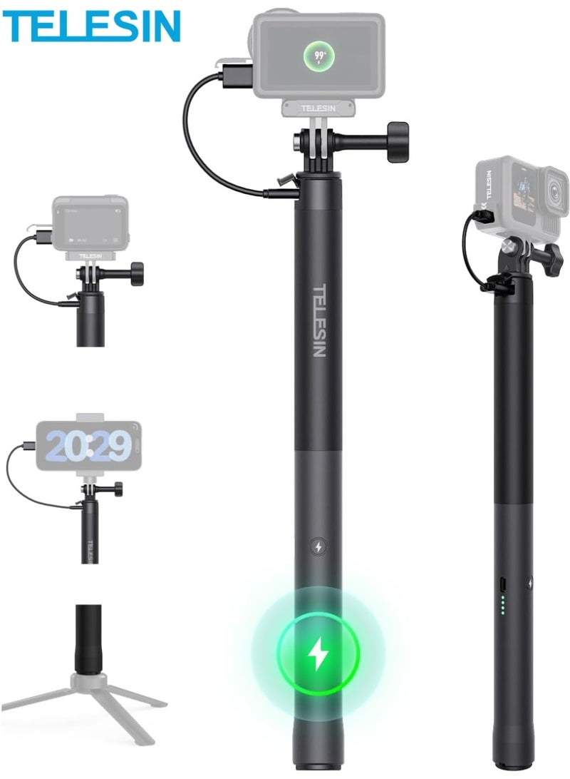 TELESIN Power Grip Selfie Stick for DJI OSMO Namo Action 6 5 Pro 4 3,GoPro Hero 13 12 11,Insta360 X5 X4 Action Camera & Phone, 40.16"Extension Charging Handle Grip, Portable Battery Power Selfie Pole - Image 1