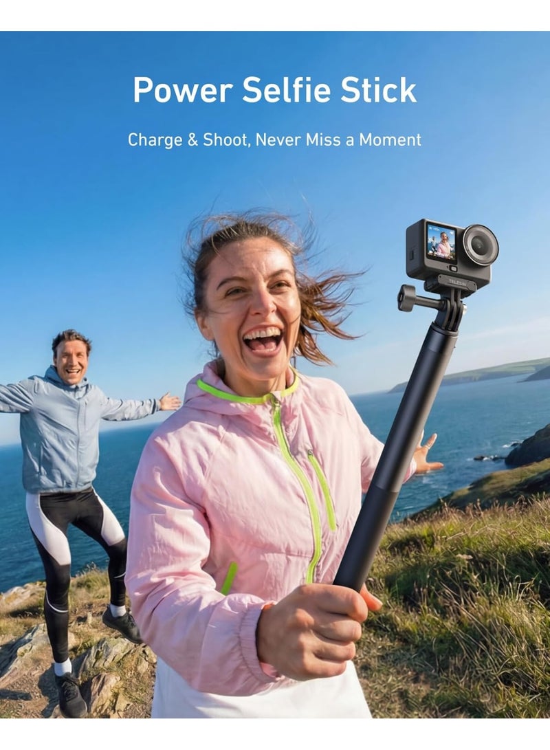 TELESIN Power Grip Selfie Stick for DJI OSMO Namo Action 6 5 Pro 4 3,GoPro Hero 13 12 11,Insta360 X5 X4 Action Camera & Phone, 40.16"Extension Charging Handle Grip, Portable Battery Power Selfie Pole - Image 2