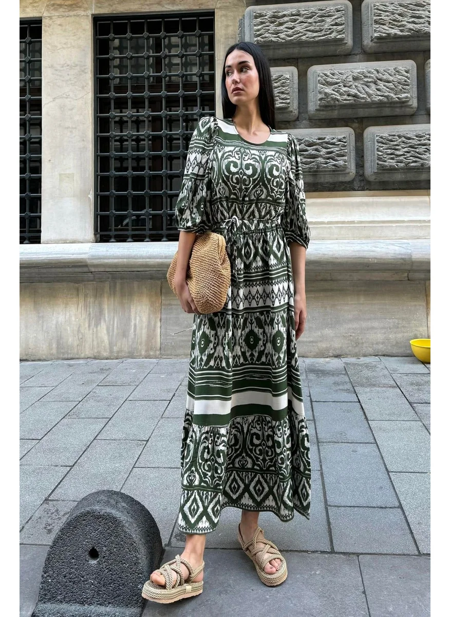 For You Moda Natural Viscose Patterned Long Green Dress