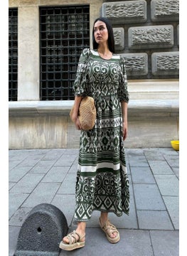 For You Moda Natural Viscose Patterned Long Green Dress  - Image 1