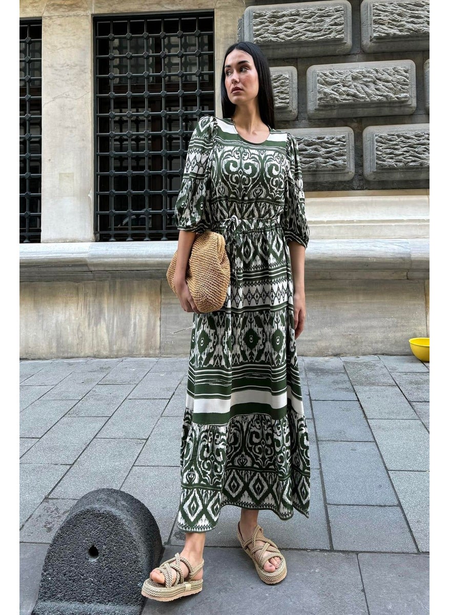 For You Moda Natural Viscose Patterned Long Green Dress  - Image 1